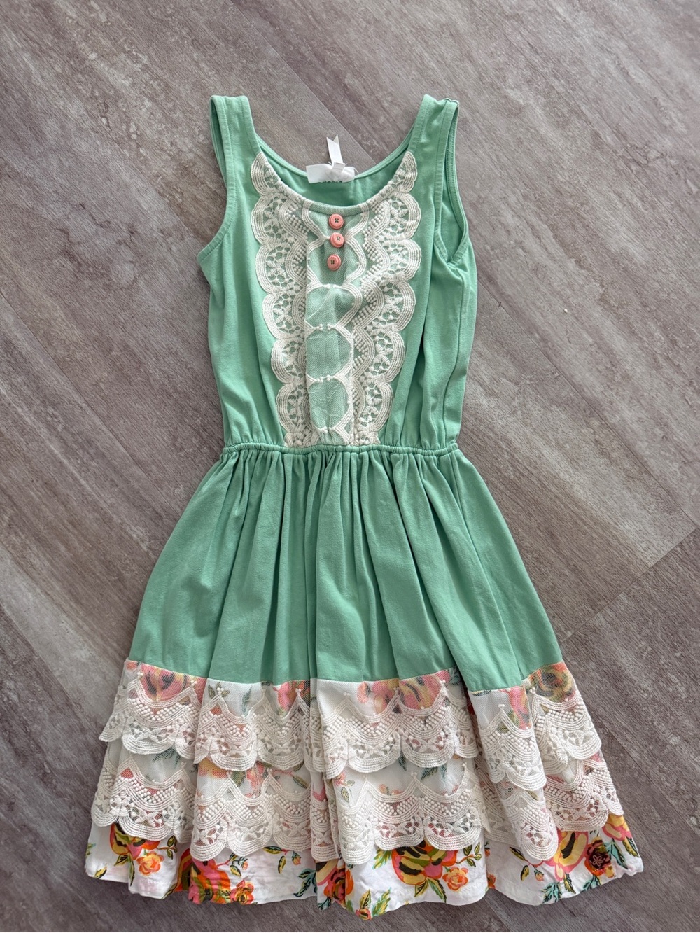Matilda Jane 465 Girls Mint Green Lace-Trim Floral Hem Dress sz 10